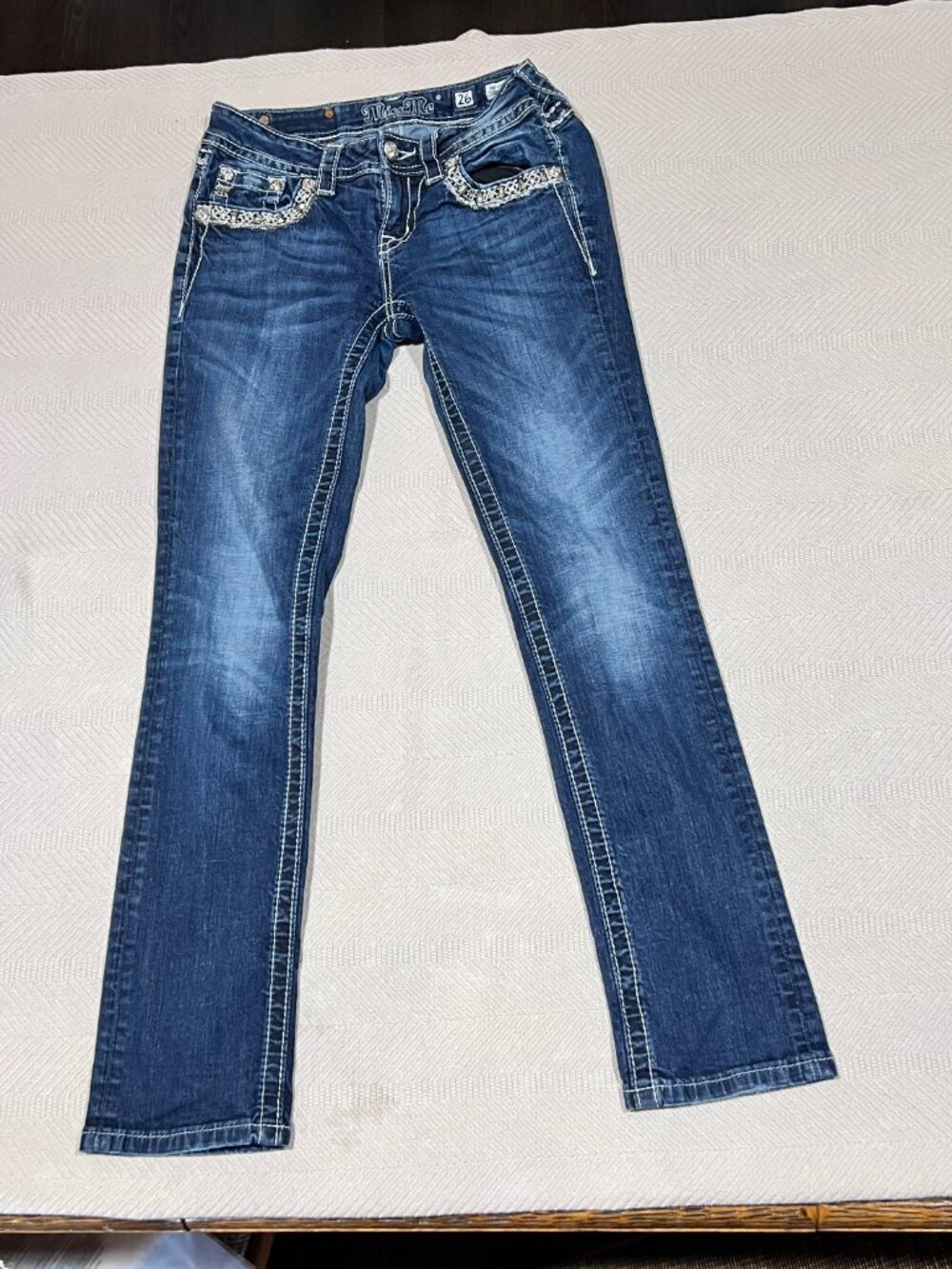 Miss Me Jeans Mid Rise Crop Bling Pocket Dark Wash Women's Size 26 Embellished
